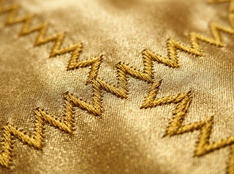 Luxurious golden fabric with intricate zigzag stitching detail, creating a rich texture.