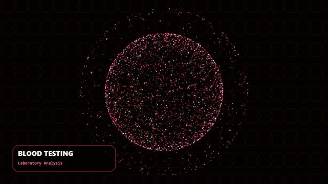 Pink glowing particles sphere animation showing blood testing and laboratory analysis for medical research diagnostics