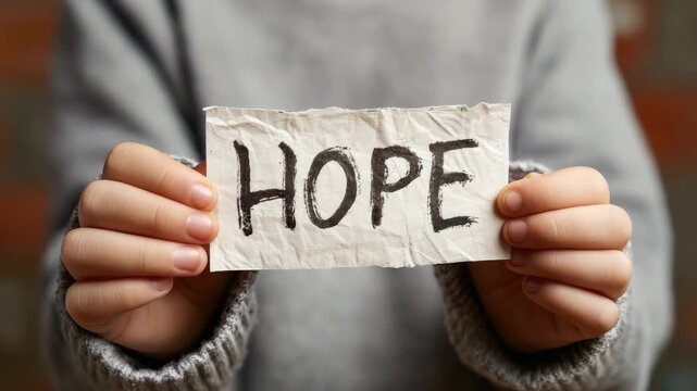 childs hands holding paper hope sign animation