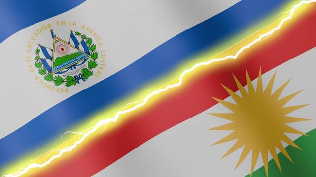 Two waving flags El Salvador and Kurdistan with diagonal lightning seamless, 4k loop