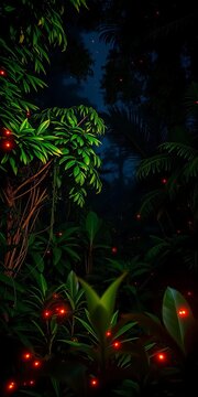 Rainforest night, fireflies illuminate lush foliage, night, serene