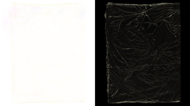 Crumpled plastic wrap texture on black background, transparent cling film overlay for design mockups, wrinkled polyethylene sheet material