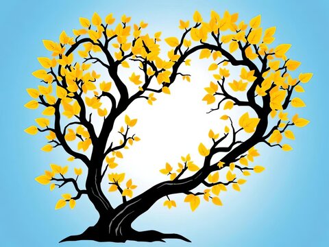 Stylized heart-shaped tree with black branches and yellow leaves, design, nature