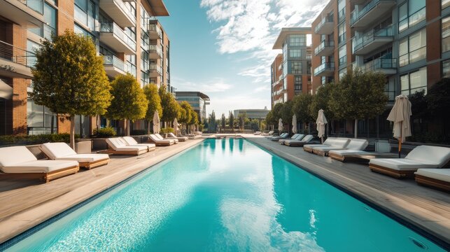 Swimming pool at luxury apartment complex. Outdoor resort area with lounge chairs and green trees. Architecture of modern building with flats for residential living and urban lifestyle.
