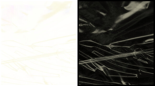 Crumpled plastic wrap texture, transparent cellophane overlay on black and white background, wrinkled polyethylene film surface for design