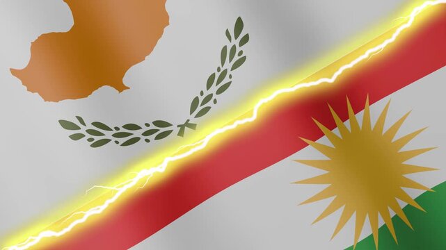 Two waving flags Cyprus and Kurdistan with diagonal lightning seamless, 4k loop