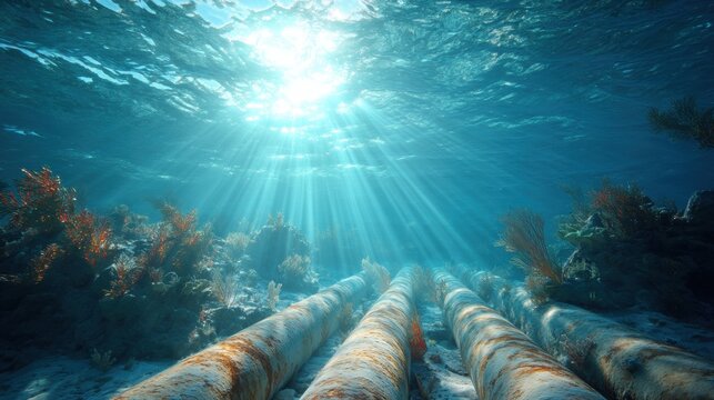 Submarine fiber optic communication cables resting on ocean sea floor. Global internet network and underwater data transmission infrastructure. Deep blue sea environment and technology.
