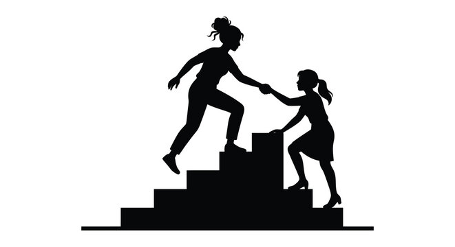 Two women helping each other climb stairs a black silhouette against a white background assistance collaboration teamwork support hand climbing