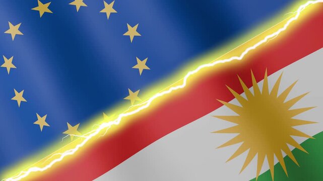 Two waving flags European Union and Kurdistan with diagonal lightning seamless, 4k loop