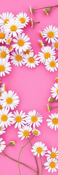 Groovy heart shape amidst daisy flowers on pink background, psychedelic, abstract