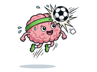 Funny Brain Soccer Player Jumping and Heading Football with a Happy Expression Cartoon Mascot Vector Illustration