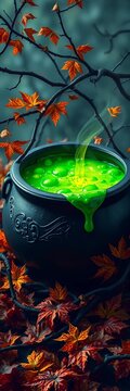 Mysterious cauldron bubbles over with eerie green potion, surrounded by autumn leaves and twisted branches, leaves, ||halloween