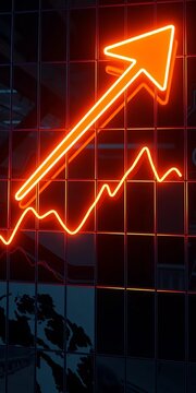 Neon-lit financial grid with glowing yellow arrow, investment, trading