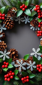 Pinecones, snowflakes, and holly surround a festive wreath, Flat Design, Illustration