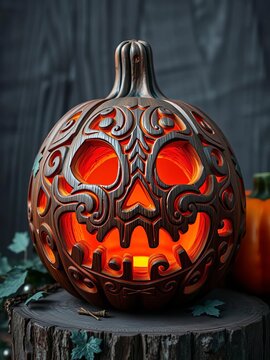 Old-style wooden jack-o-lantern with intricate carvings, ||jack o lantern, harvest