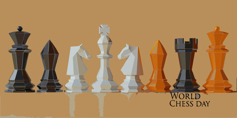 Geometric modern chess pieces lineup against a tan background © Uttam