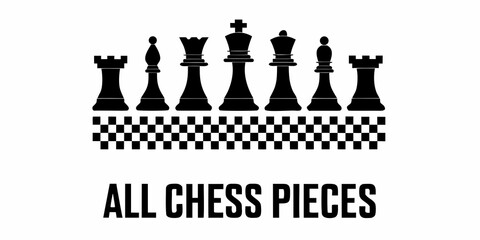 Black Chess Pieces Silhouette On White Background With Checkered Base © Uttam