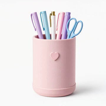 Pink desk organizer with heart detail holding pastel pens and stationery scissors