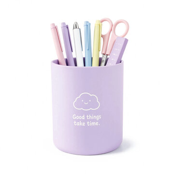 Purple desk organizer with cloud icon and inspirational quote holding stationery, organizer