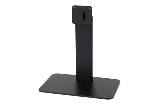 Black adjustable monitor stand mount for desktop computer screen with computer, equipment