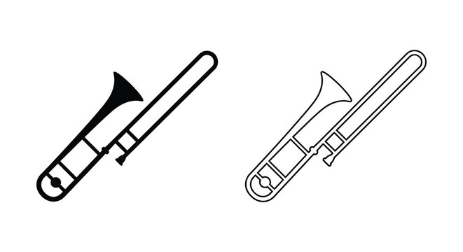 A black and white illustration of a trombone shown in both filled and outline forms silhouette brass instrument wind musical
