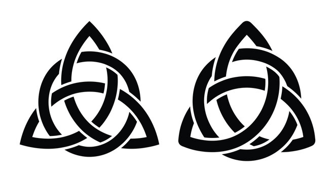 Two intertwined celtic knot shapes presented as a black silhouette against a white background silhouette knotwork interlocking triquetra trinity woven