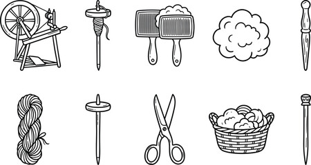 Traditional Wool Spinning and Fiber Arts Hand Drawn Icon Set featuring Spinning Wheel Drop Spindle Carders Yarn Skein Basket and Scissors for Craft Studio Designs © MdJaynal