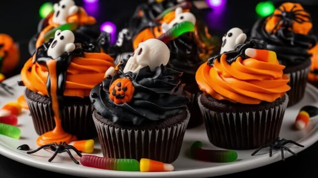 A platter presents a Halloween cupcake display adorned with ghost skull spider and pumpkinthemed confections