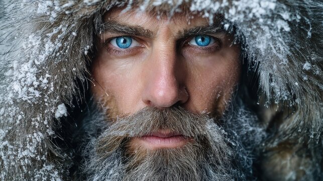 Man with blue eye wearing fur hood in winter. Portrait of bearded explorer covered with snow. Concept of survival in cold weather and brave traveler in freezing arctic environment.