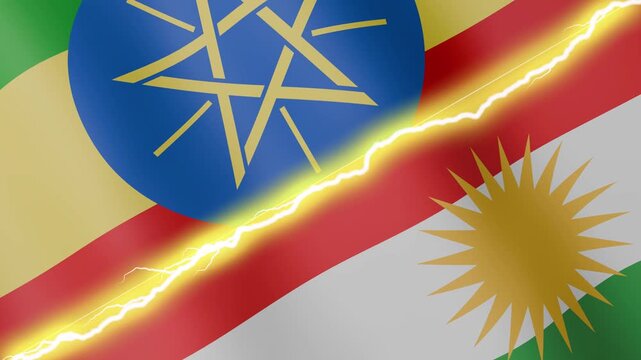 Two waving flags Ethiopia and Kurdistan with diagonal lightning seamless, 4k loop