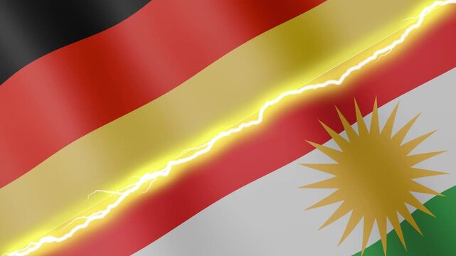 Two waving flags Germany and Kurdistan with diagonal lightning seamless, 4k loop