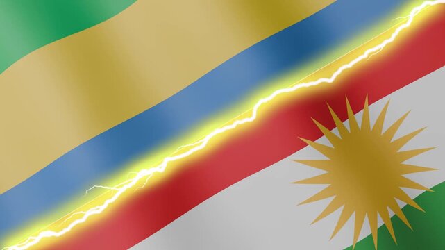 Two waving flags Gabon and Kurdistan with diagonal lightning seamless, 4k loop