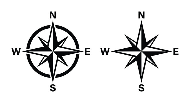 Two compass rose silhouettes with cardinal directions against a white background silhouette navigation direction north south east west orientation wayfinding