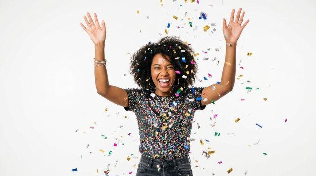 Happy young woman with curly hair throwing colorful confetti in the air while smiling joyfully at a party celebration