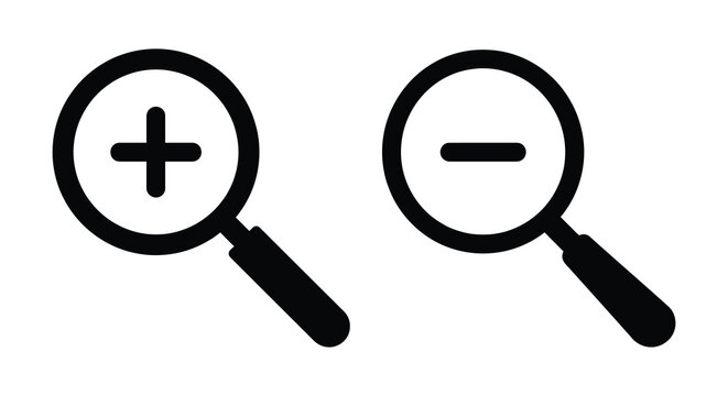Two magnifying glasses with plus and minus signs black silhouette glass magnifiers zoom icons sign addition symbol subtraction search tools