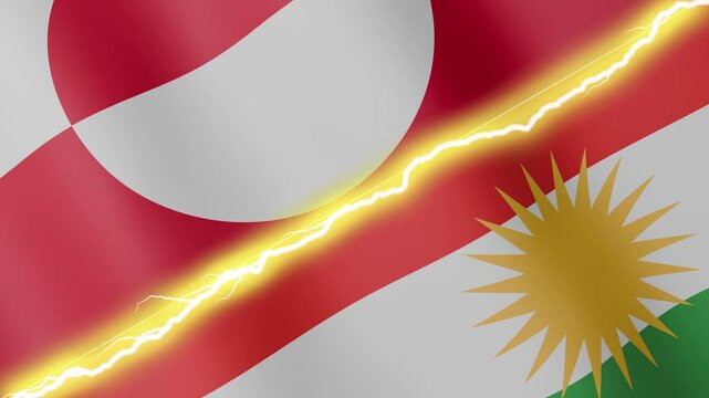 Two waving flags Greenland and Kurdistan with diagonal lightning seamless, 4k loop