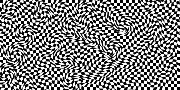 Abstract distorted black and white checkered pattern texture background. Liquid optical illusion wave pattern design.