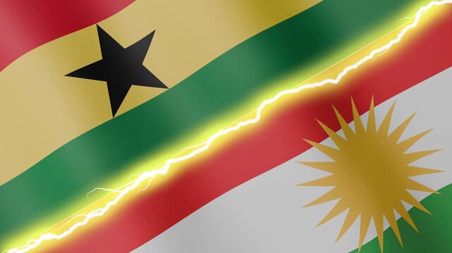 Two waving flags Ghana and Kurdistan with diagonal lightning seamless, 4k loop