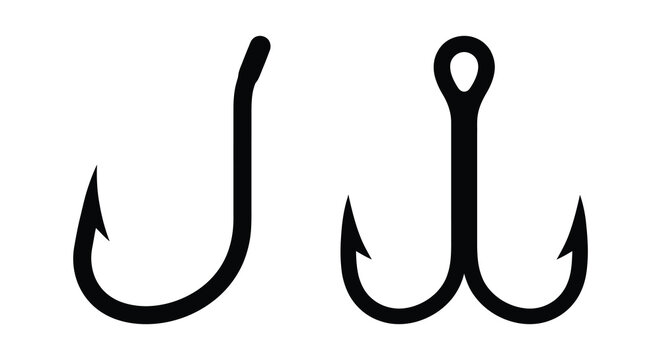 Three black fishing hooks depicted as a flat silhouette against a white background silhouette hook fishhook angling bait catch tackle