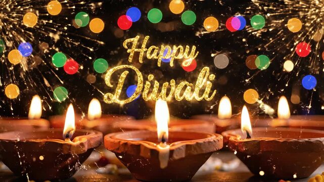 Happy Diwali golden text with burning clay diyas and bokeh