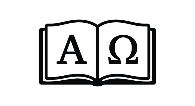 Open book with alpha and omega symbols black and white silhouette volume pages reading literature knowledge learning greek letters typography