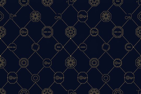 Cyber security network pattern with golden key and digital encryption symbols connected by thin lines on a dark navy blue background