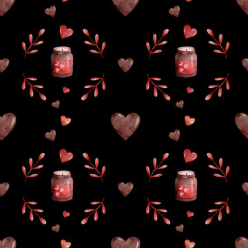 Watercolor seamless pattern with cozy glass candle jars, burning candles, botanical wreaths, and red hearts on dark black background. Warm romantic pattern for home decor and textiles