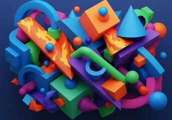 Fototapeta premium Vibrant 3D Sculpture: Abstract Geometric Chaos Explodes in Color