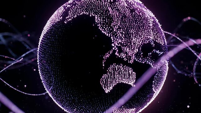 Rotating digital globe expanding in waves moving through in neon purpl