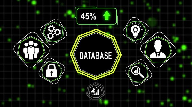 Database management system hud interface with digital progress loading bar and business analytics for corporate tech and big data infographics
