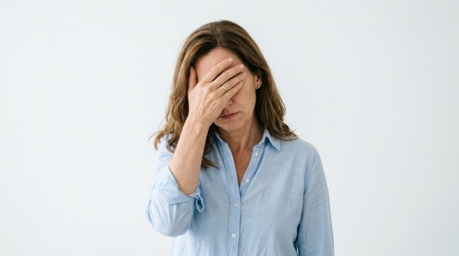 Stressed mature woman covering her face with her hand feeling tired and frustrated looking upset and very unhappy
