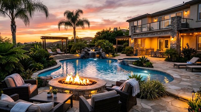 Luxury house backyard with swimming pool and fire pit at sunset with palm trees and modern patio furniture