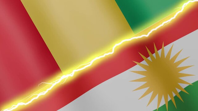 Two waving flags Guinea and Kurdistan with diagonal lightning seamless, 4k loop