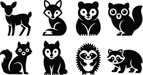 Woodland animals icon set featuring cute deer fox bear owl squirrel wolf hedgehog and raccoon black silhouettes © SAHARA